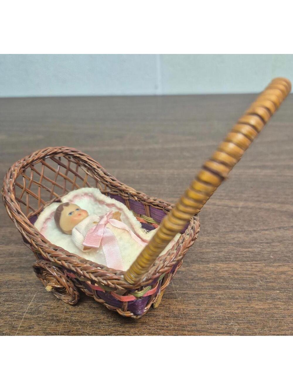 Vintage Wicker Doll Pram with Miniature Baby Doll